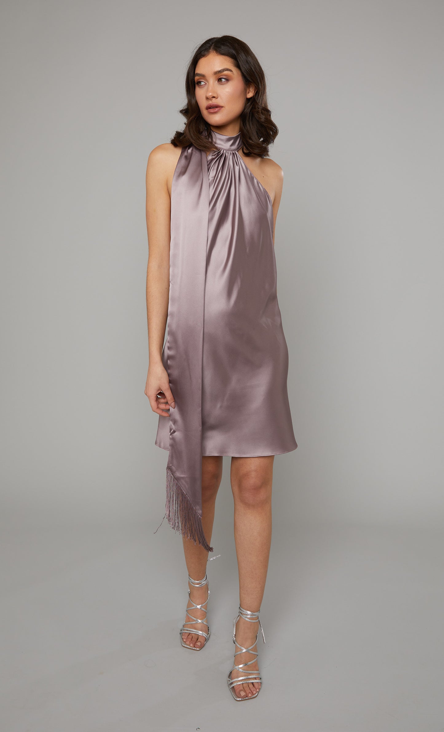 Mauve Halter-Neck Satin Mini Dress