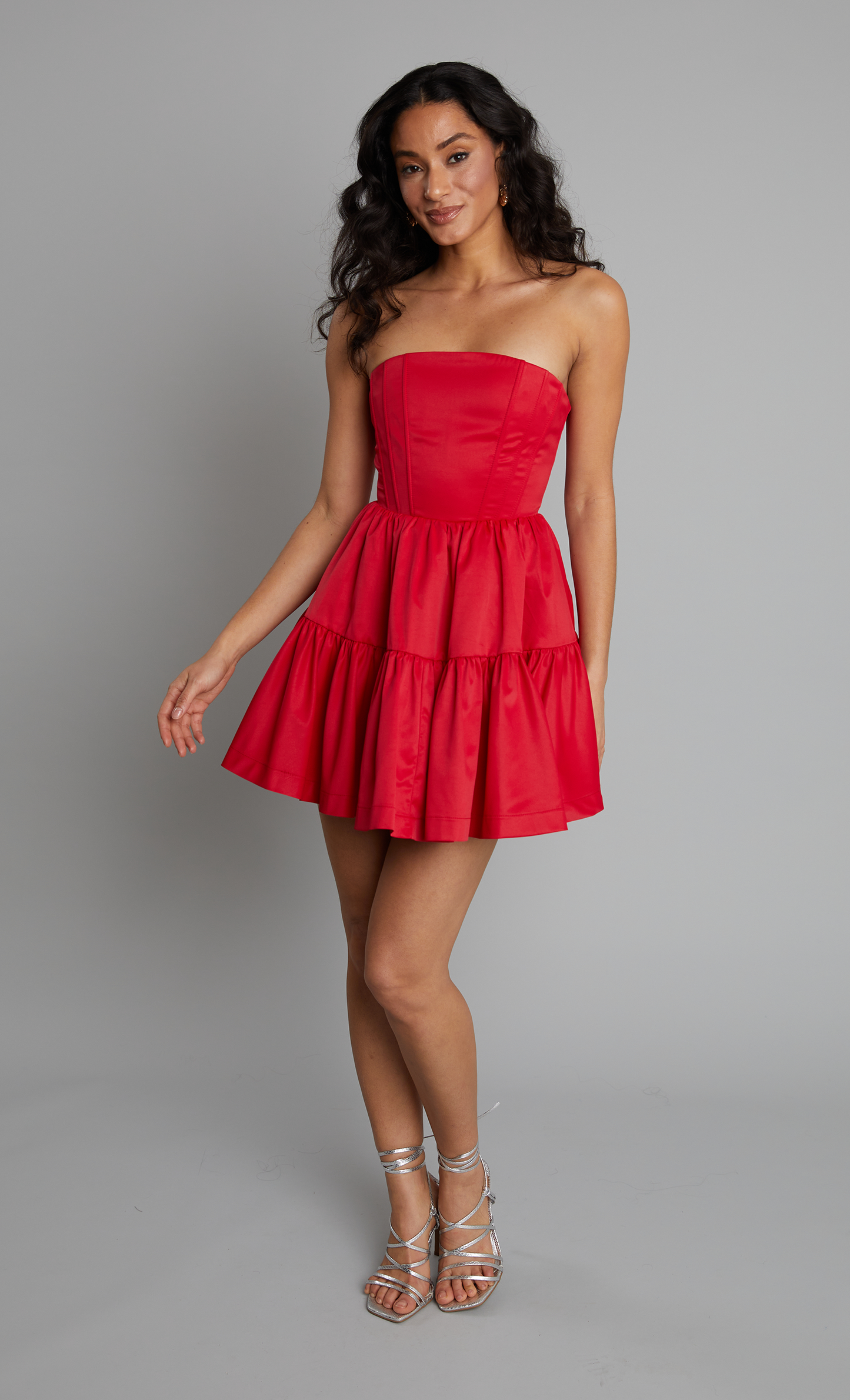 Red Bandeau Tiered Mini Dress