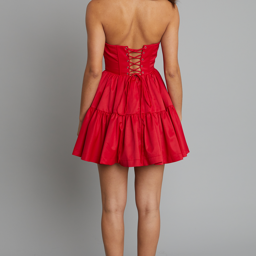 
                      
                        Red Bandeau Tiered Mini Dress
                      
                    