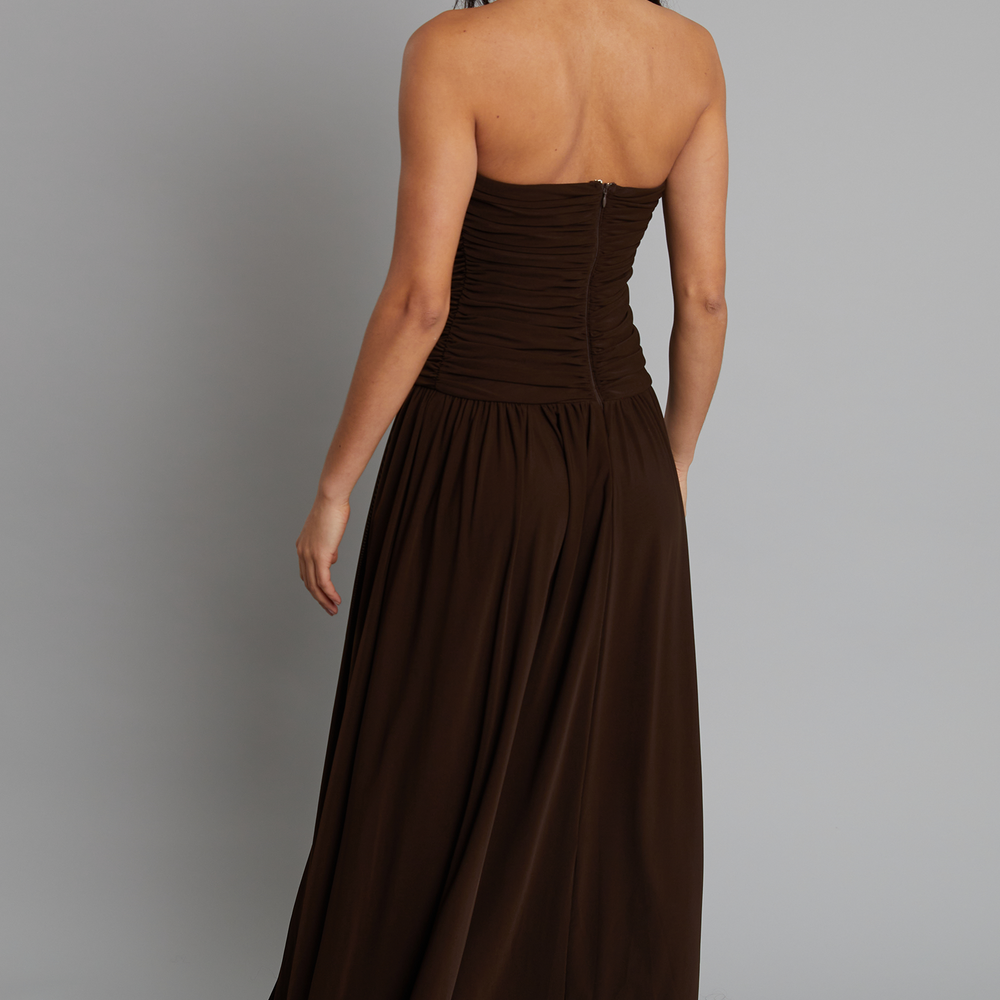 
                      
                        Brown Bandeau Ruched Split Maxi Dress
                      
                    