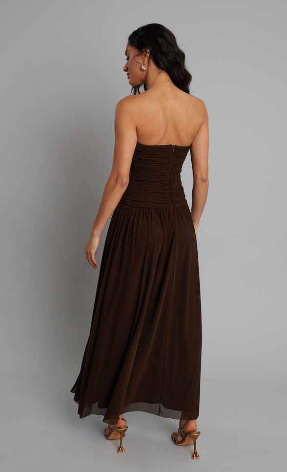 Brown Bandeau Ruched Split Maxi Dress