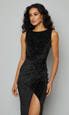 Black Gathered Diamante Velvet Dress