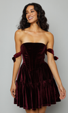 Wine Velvet Bandeau Mini Dress With Bows