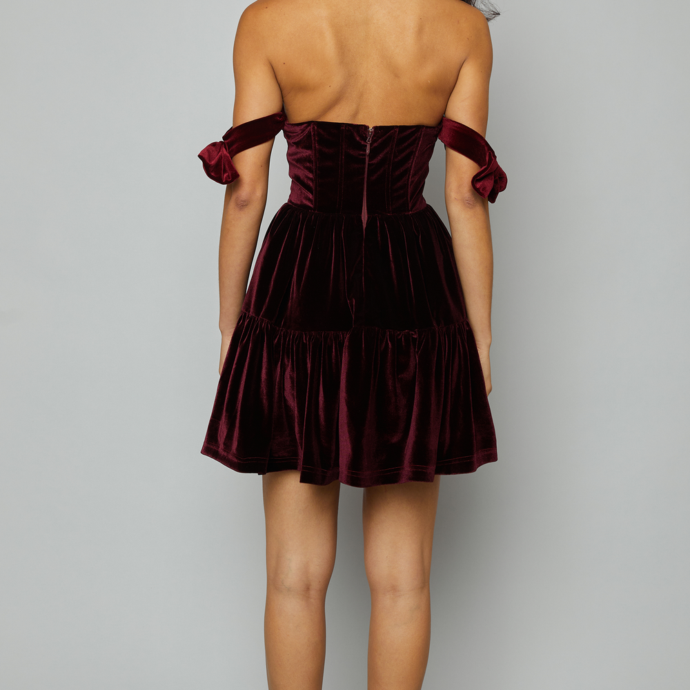 
                      
                        Wine Velvet Bandeau Mini Dress With Bows
                      
                    