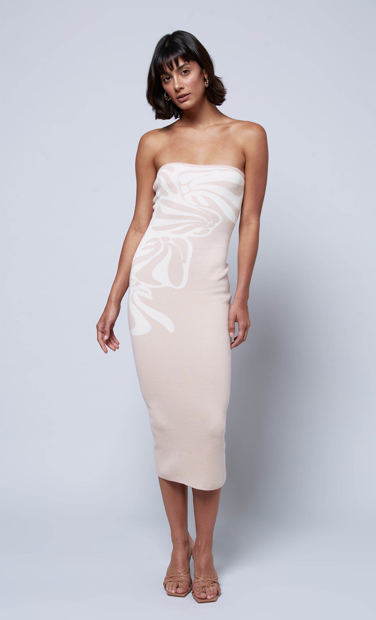 Beige Jacquard Kint Bandeau Midi Dress