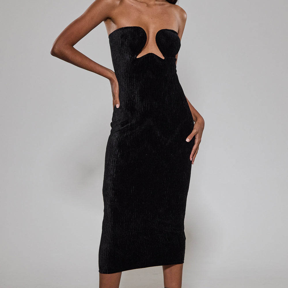 Black Velvet Bandeau Midi Dress