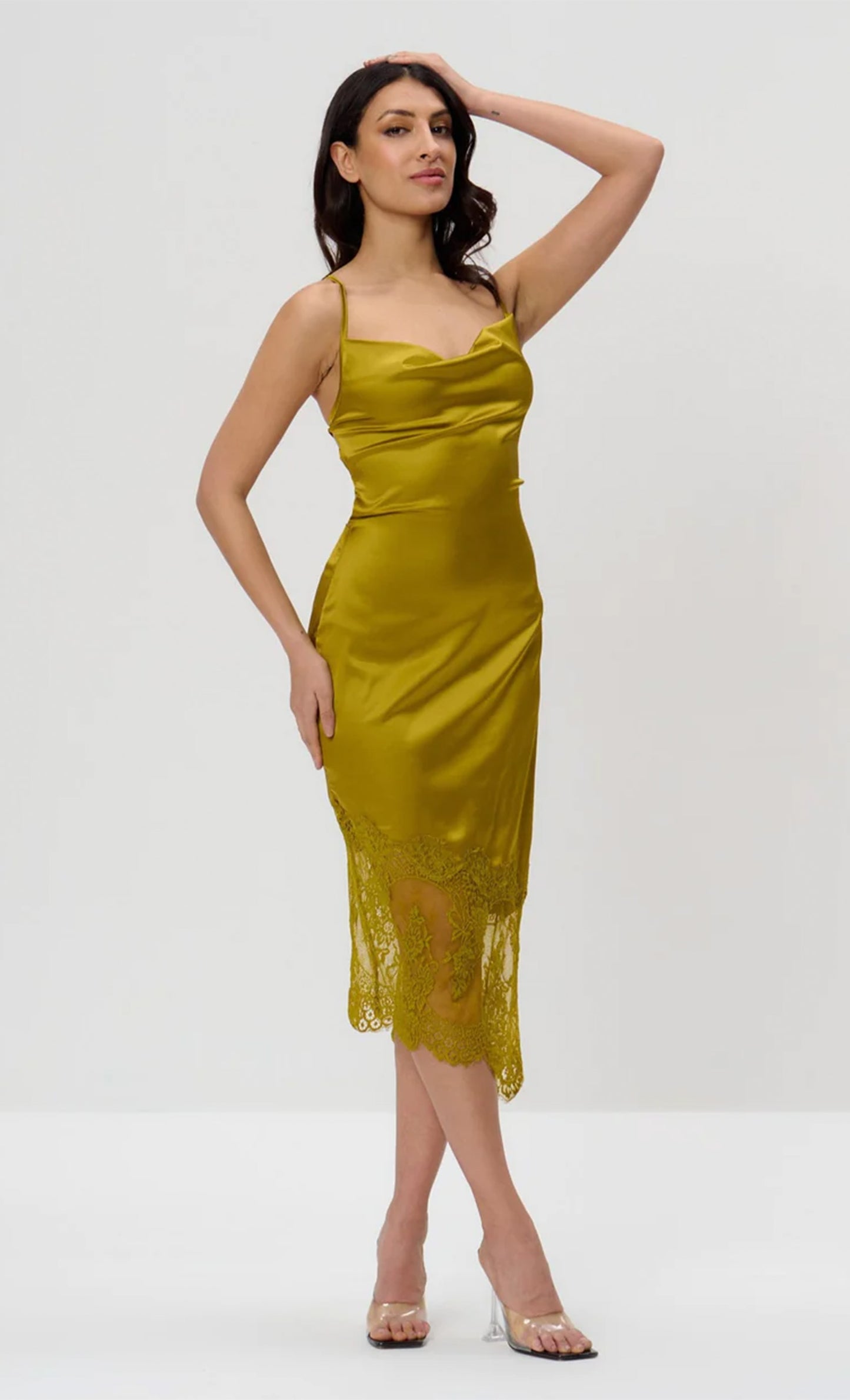 Chartreuse Lace Slip Cowl Midi Dress