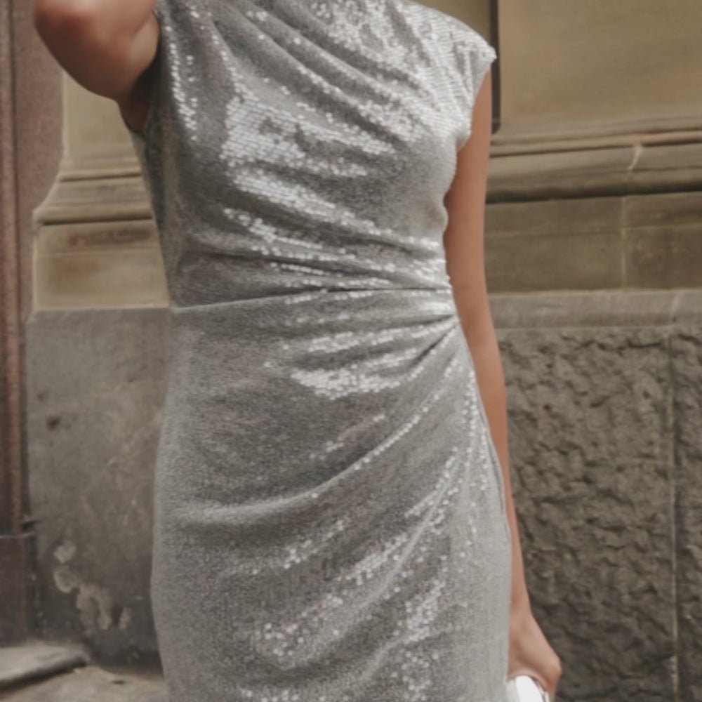 
                      
                        Load and play video in Gallery viewer, Silver Sequin Mini Dress
                      
                    