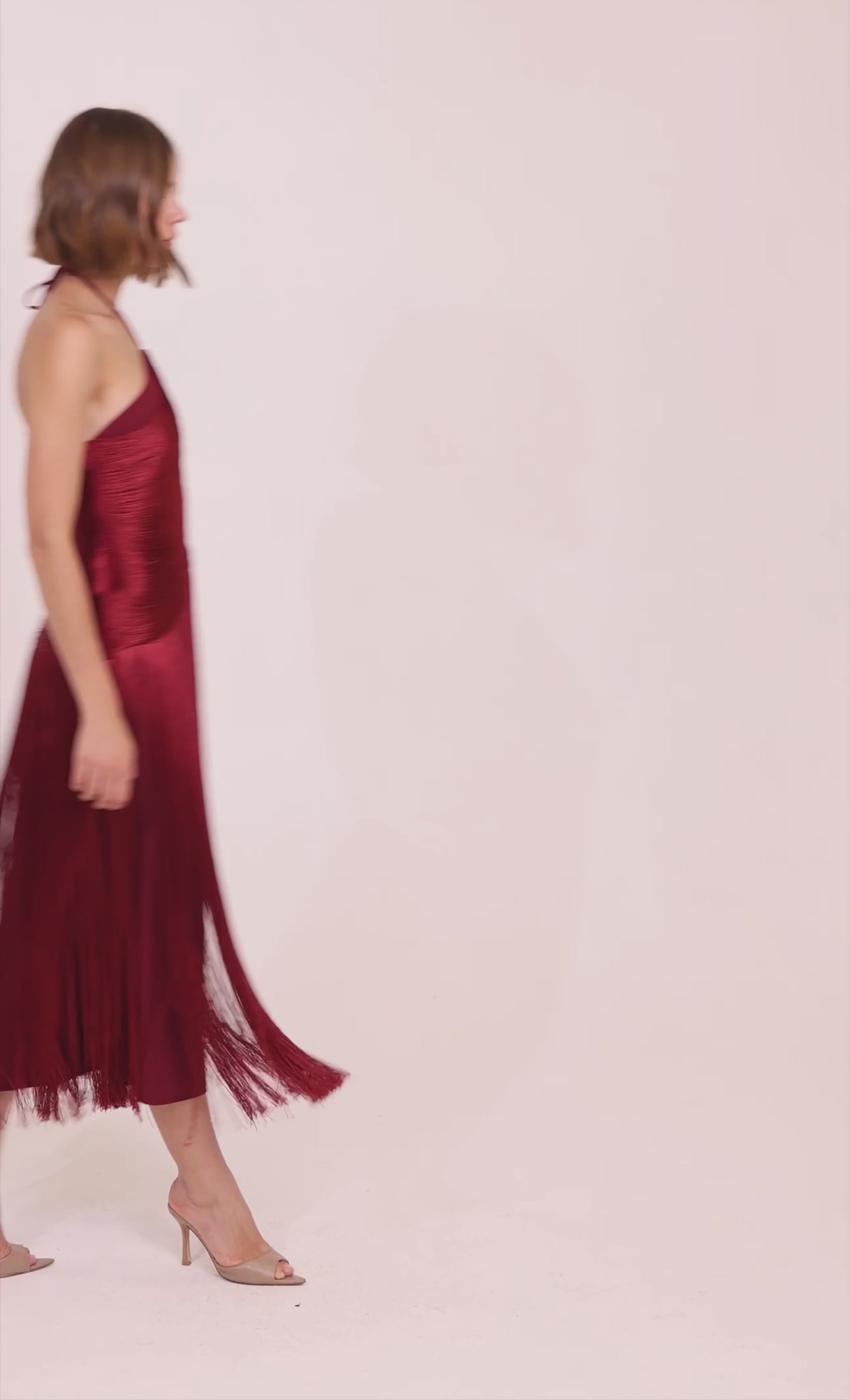 Wine Halter Fringe Midaxi Dress