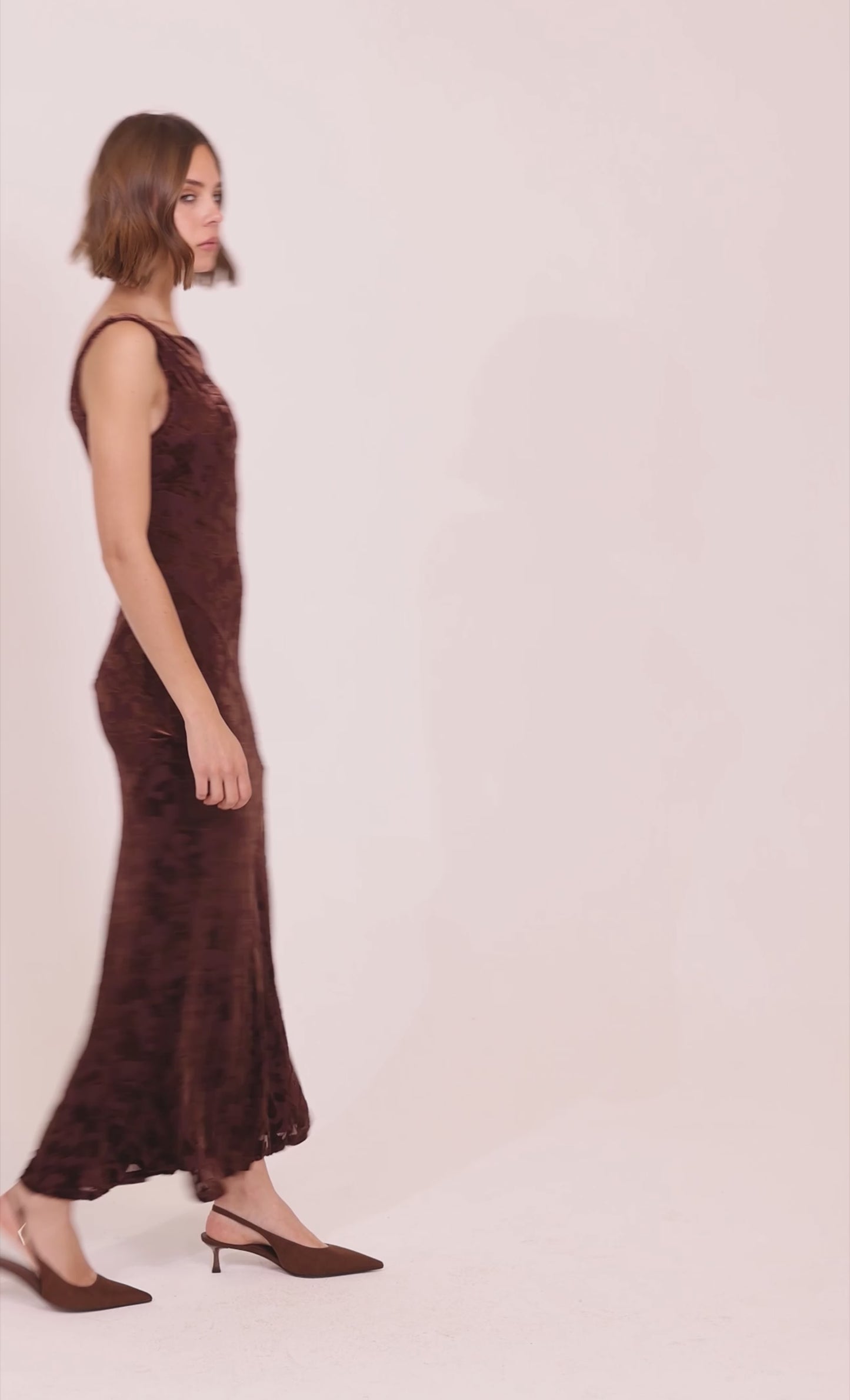 Chocolate Fallen Shoulder Burnout Dress