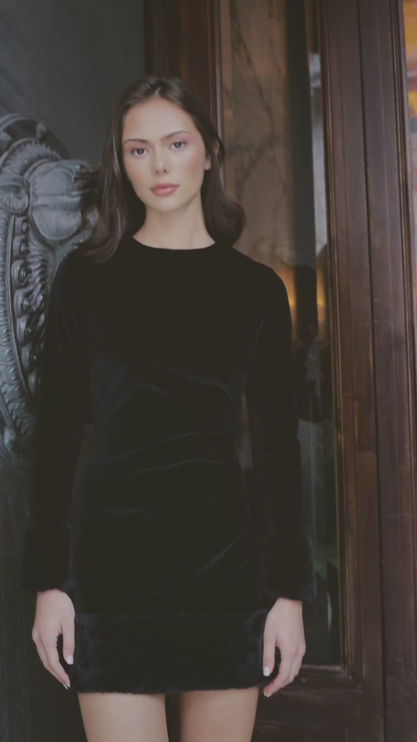 Black Fur Trim Structured Dress