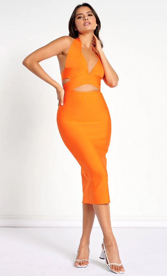 Orange Bandage Cut Out Midi Dress