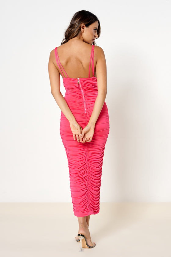 Hot Pink Ruched Bodycon Midi Dress