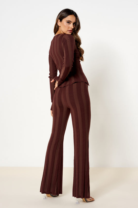 Brown Striped Knit Flare Trousers