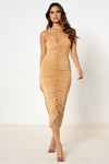 Camel Sweetheart Ruched Midaxi Dress