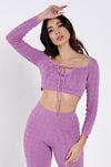 Lilac Pointelle Knit Tie Front Top
