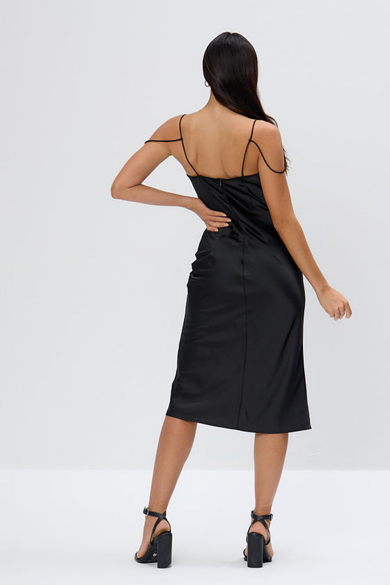 Black Satin Strap Midi Dress