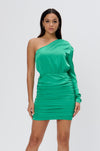 Green One Shoulder Satin Ruched Mini Dress