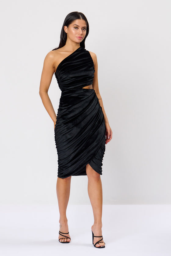 Black Velvet Ruched One Shoulder Drape Dress