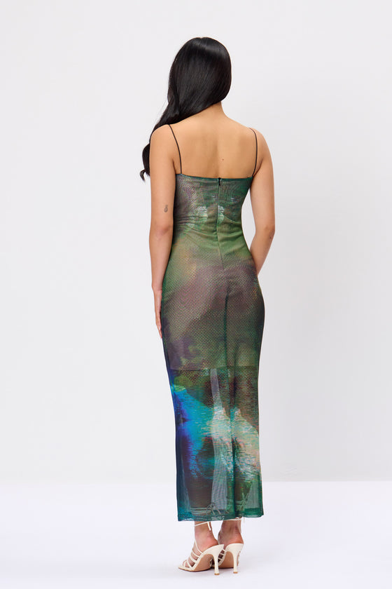 Digital Print Mesh Midaxi Dress