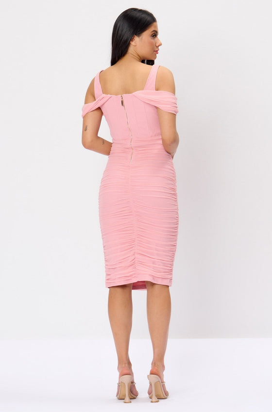 Light Pink Corset Ruched Drape Midi Dress