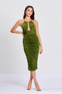  Green Cut Out Ruched Midi Dress
