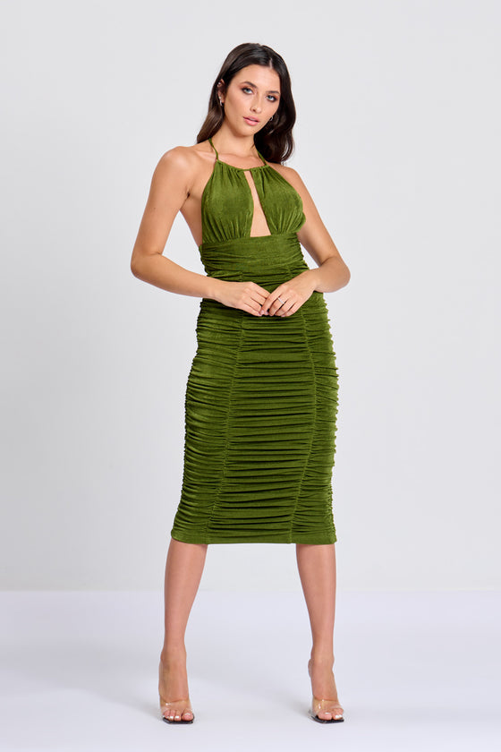 Green Cut Out Ruched Midi Dress