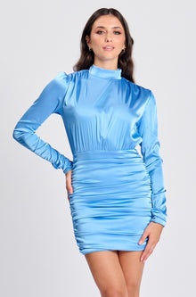  Light Blue Satin High Neck Ruched Dress