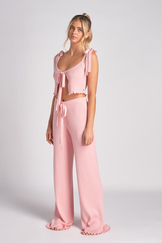 PINK LETTUCE EDGE RIB KNIT TIE FRONT CAMI TOP