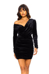 Black Velvet Asymmetric Ruched Dress