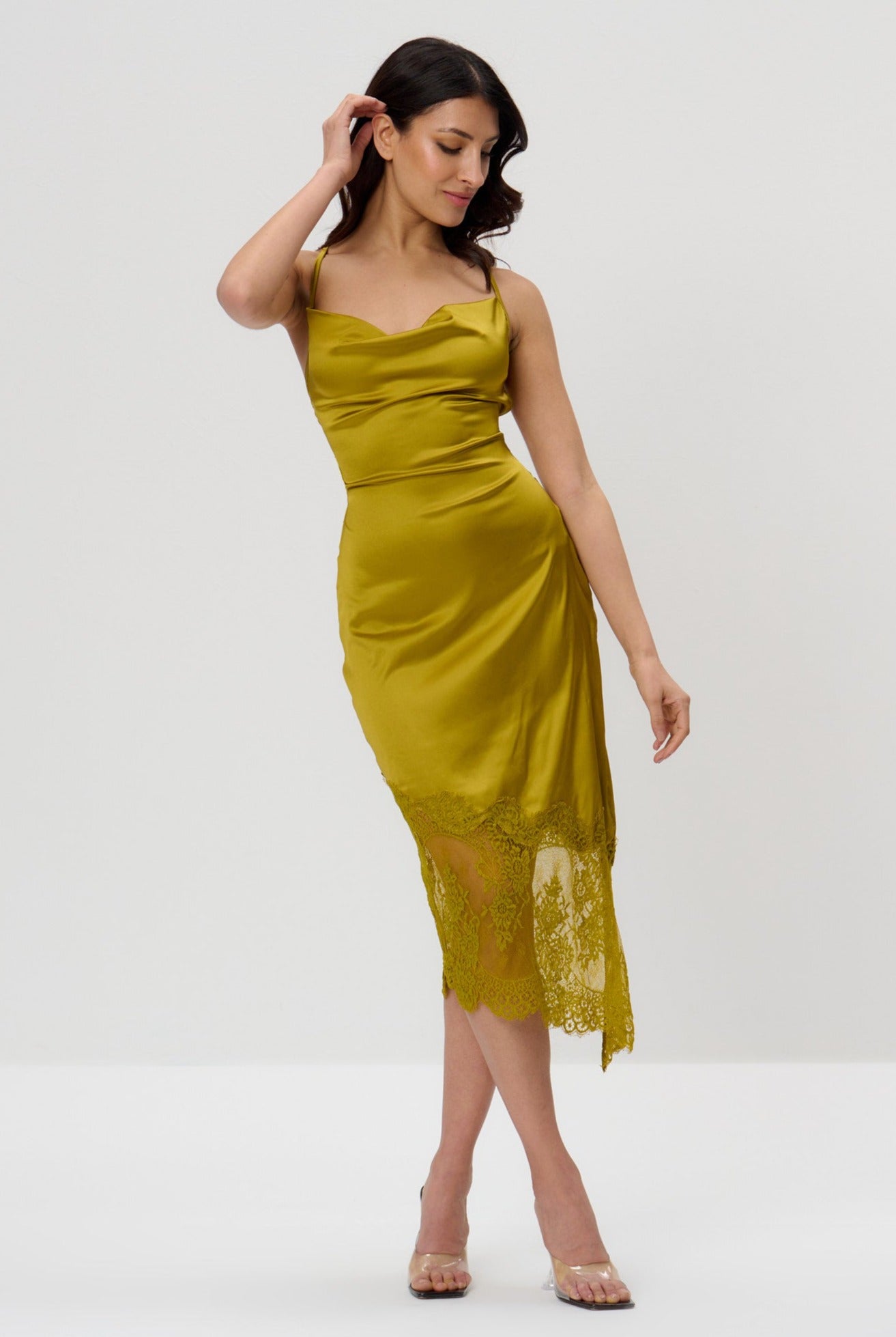 Chartreuse Lace Slip Cowl Midi Dress