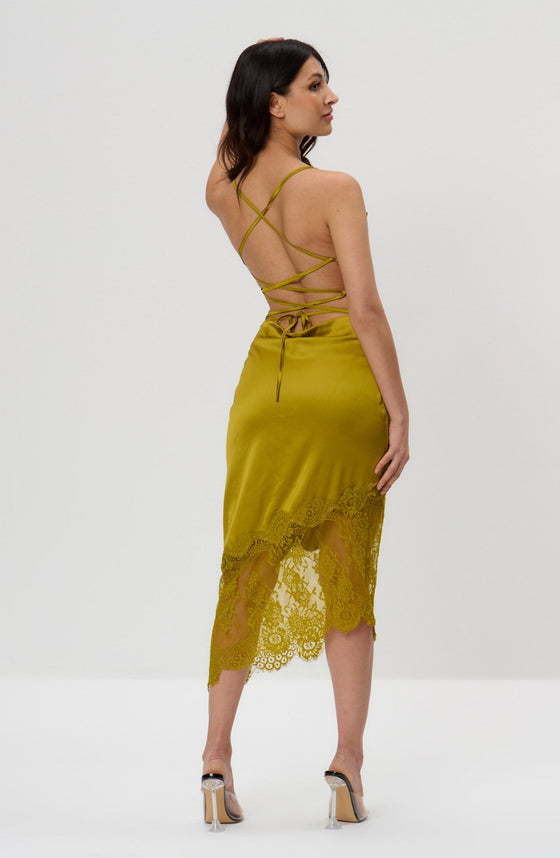 Chartreuse Lace Slip Cowl Midi Dress