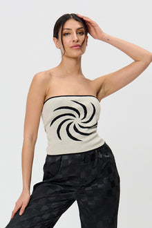  Ivory Contrast Knit Swirl Front Bandeau Top