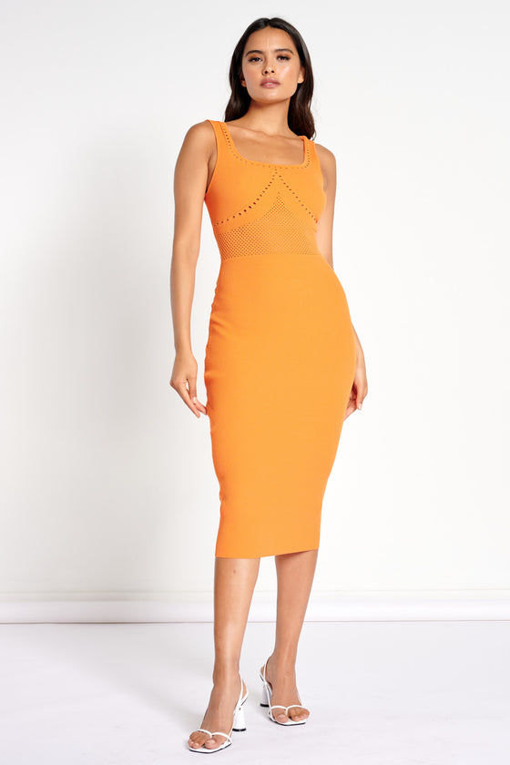 Orange Pointelle Knit Midi Dress