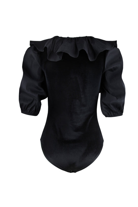 Black Frill Velvet Bodysuit - Size 8