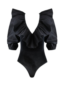  Black Frill Velvet Bodysuit - Size 8