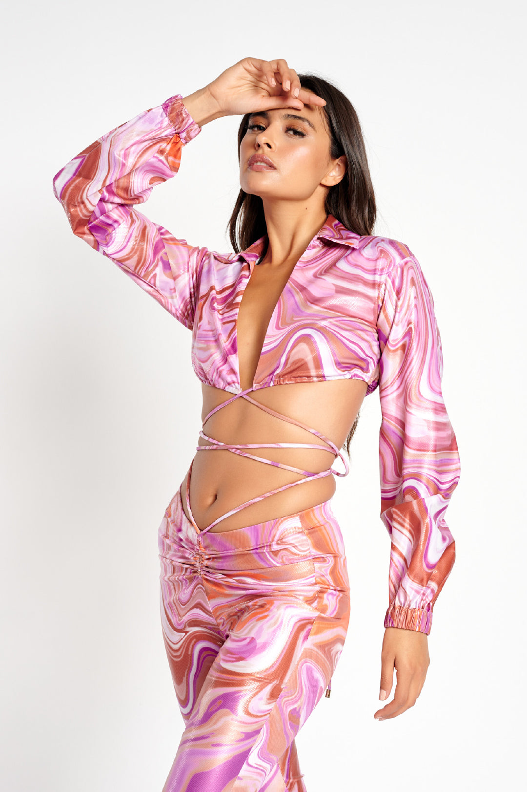 Pink Swirl Print Belly Tie Blouse