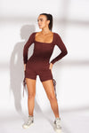 BURGUNDY DRAWSTRING RUCHED CYCLESUIT