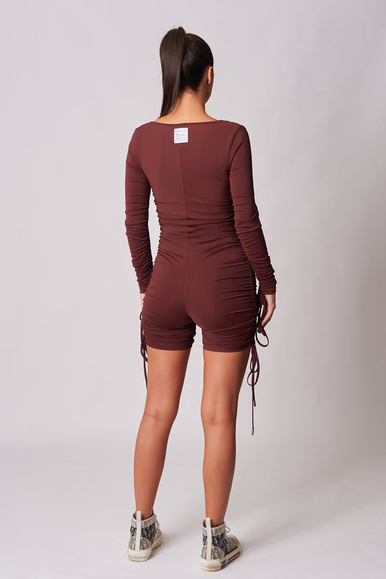 BURGUNDY DRAWSTRING RUCHED CYCLESUIT