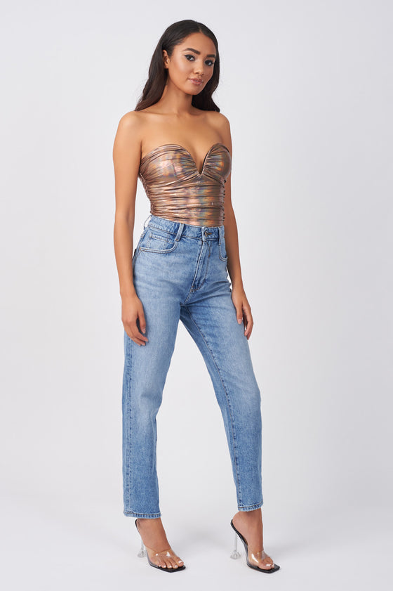 YUN264-ROSE-GOLD-HOLOGRAPHIC-RUCHED-BODYSUIT