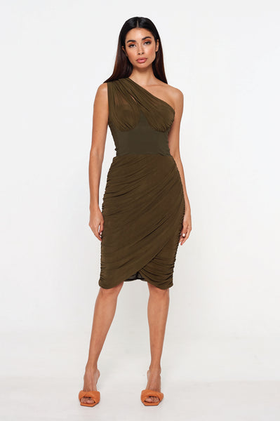 Khaki Asymetric Mesh Drape Dress – Rare London