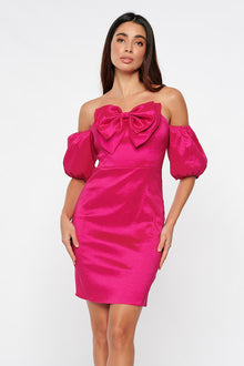  fuschia pink taffeta puff sleeve bow mini dress