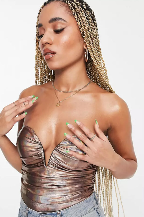 ROSE GOLD HOLOGRAPHIC RUCHED BODYSUIT