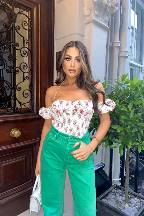 white ditsy floral ruched bardot bodysuit